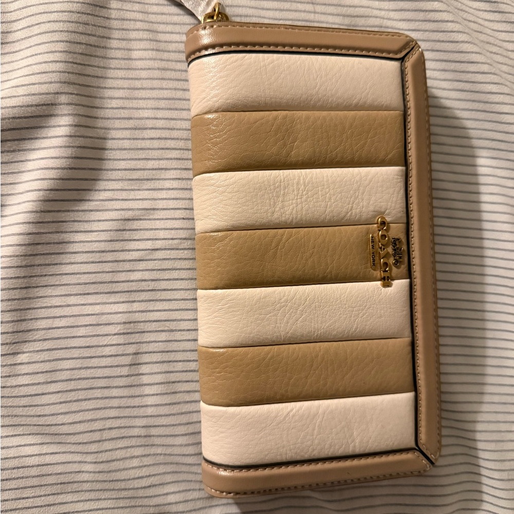 Coach Quilted Stripe Zip Wallet in Cream and Tan Leather